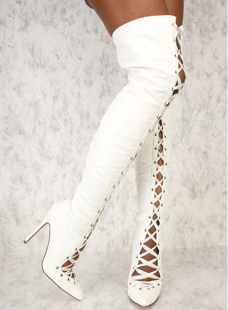 Ribbon Tie Heel - Moda Donna Bianco Nero Solido Pelle
