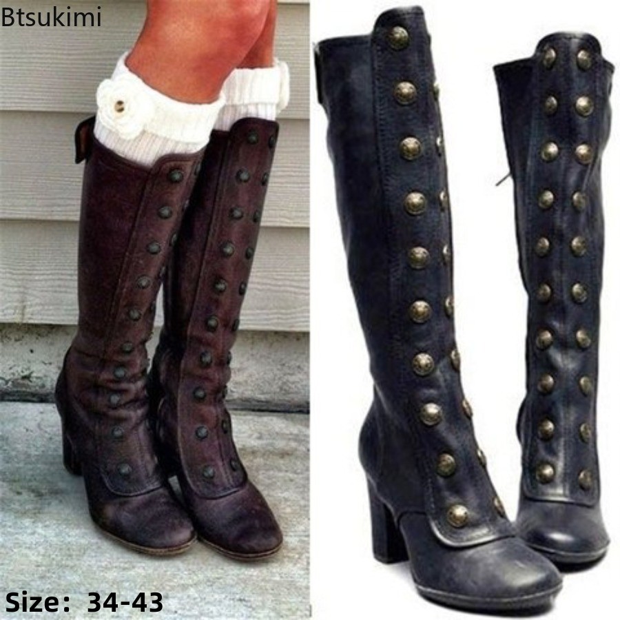 High Knee Heel Boots - Stivali Neri Retrò con Borchie alla