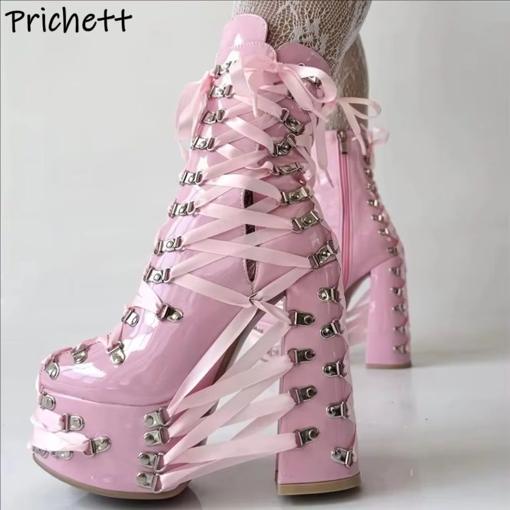 Ribbon Tie Heel - Stivaletti incrociati neri rosa Nastro con