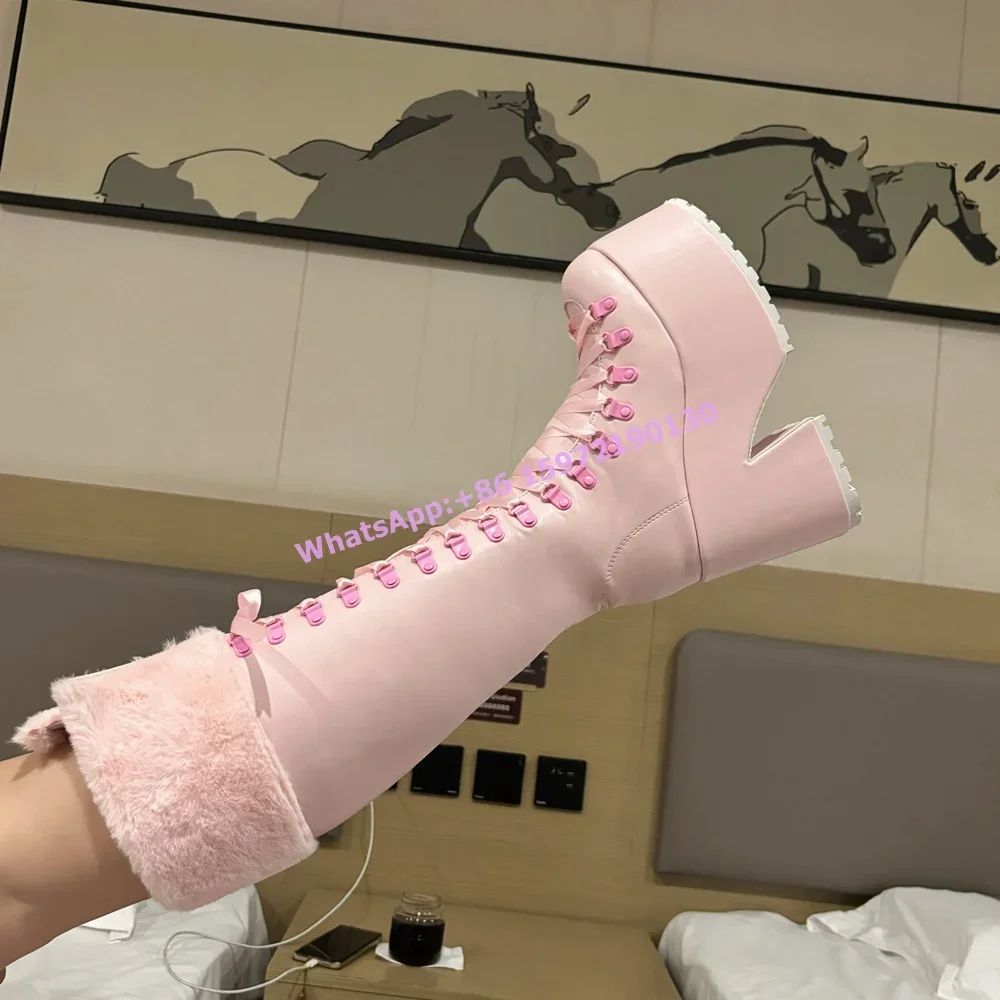 Ribbon Tie Heel - Stivali Rosa Pelosi con Suola Spessa,